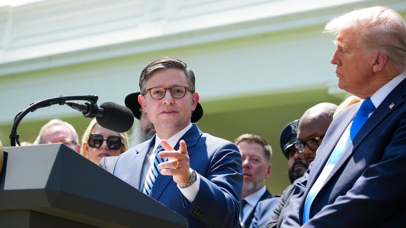 WASHINGTON, DC - MAY 01: U.S. Speaker of the House Mike Johnson (R-LA) speaks alongside President Donald Trump during a National Day of Prayer event in the Rose Garden at the White House on May 1, 2025 in Washington, DC. The National Day of Prayer is a congressionally recognized observance that calls on people of all faiths to participate in a day of prayer and reflection. (Photo by Andrew Harnik/Getty Images)