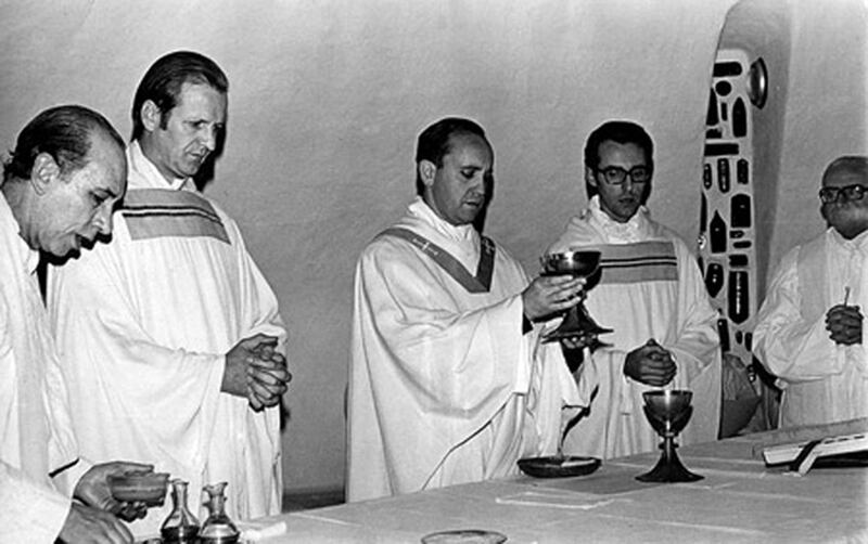 Pope Francis, then known as Jorge Mario Bergoglio, the province superior, is photographed in 1976 with (L - R) Victor Zorzin, the rector of the School Maximo, Andres Swinnen, the teacher of the novices, Carlos Cravena, the Minister of the School Maximo, and Hipolito Salvo, the ex- provincial in Argentina.
