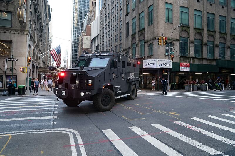 A New York Police Department Bearcat arrives on the scene of an active shooter in Midtown Manhattan, Monday, June 28, 2025, in New York City. (Barry Williams/New York Daily News/Tribune News Service via Getty Images)