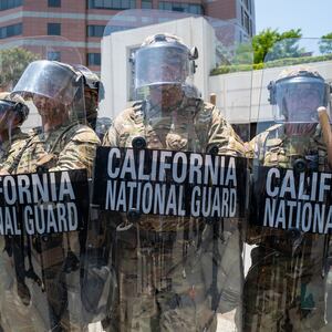 LOS ANGELES, CALIFORNIA - JUNE 08: Demonstrators protest outside a downtown jail in Los Angeles following two days of clashes with police during a series of immigration raids on June 08, 2025 in Los Angeles, California. Tensions in the city remain high after the Trump administration called in the National Guard against the wishes of city leaders. (Photo by Spencer Platt/Getty Images)