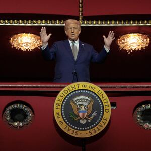 U.S. President Donald Trump looks down from the Presidential Box in the Opera House at the John F. Kennedy Center for the Performing Arts as he participates in a guided tour and leads a board meeting on March 17, 2025 in Washington, DC.