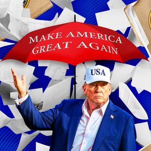 A photo illustration of President Donald Trump under an umbrella shielding him from files and folders labeled The Epstein Files.
