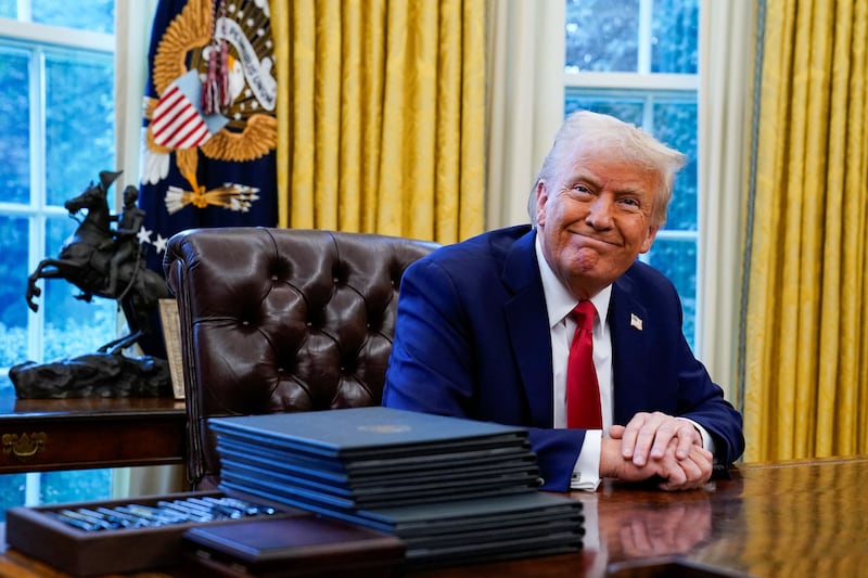 U.S. President Donald Trump reacts at the White House, in Washington, U.S. February 3, 2025.