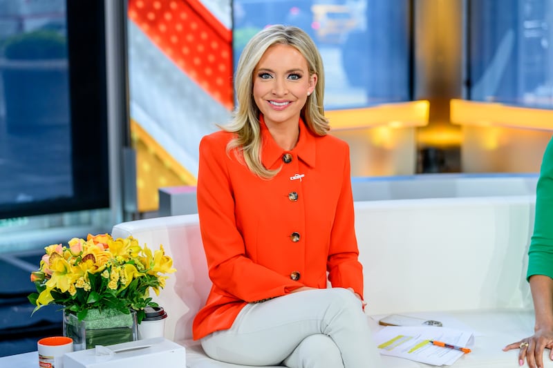 Host Kayleigh McEnany as Kevin O'Leary visits "Outnumbered" at Fox News Channel Studios on April 18, 2024 in New York City.