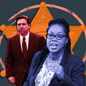 A photo illustration of Florida Gov. Ron DeSantis and State Attorney Monique Worrell.