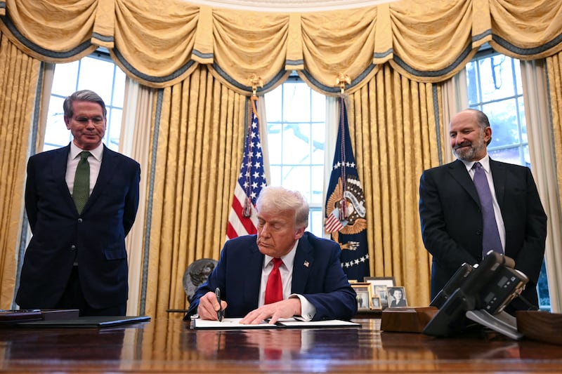 Trump, alongside Secretary of Treasury Scott Bessent and Secretary of Commerce Howard Lutnick