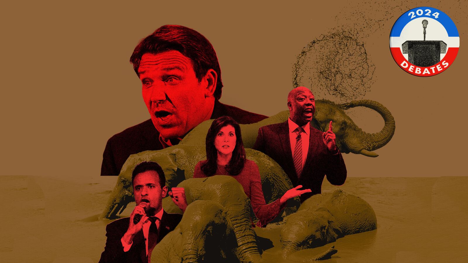 A photo illustration shows Ron DeSantis, Tim Scott, Nikki Hayley, and Vivek Ramaswamy amongst muddy elephants.