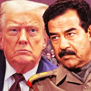 A photo illustration of President Donald Trump, Saddam Hussein, and screen grabs from the 1979 Ba'ath Party Purge led by Hussein.