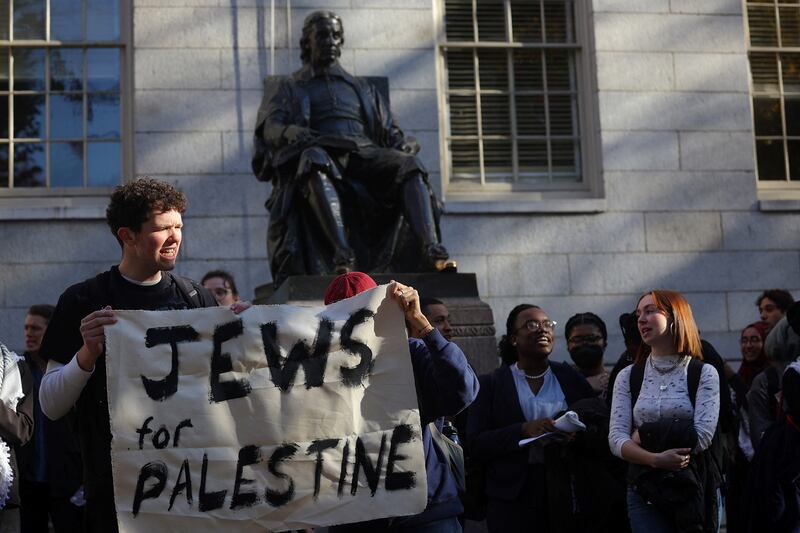 Harvard students take place in a demonstration organized by a collective of students called Harvard Jews for Palestine.