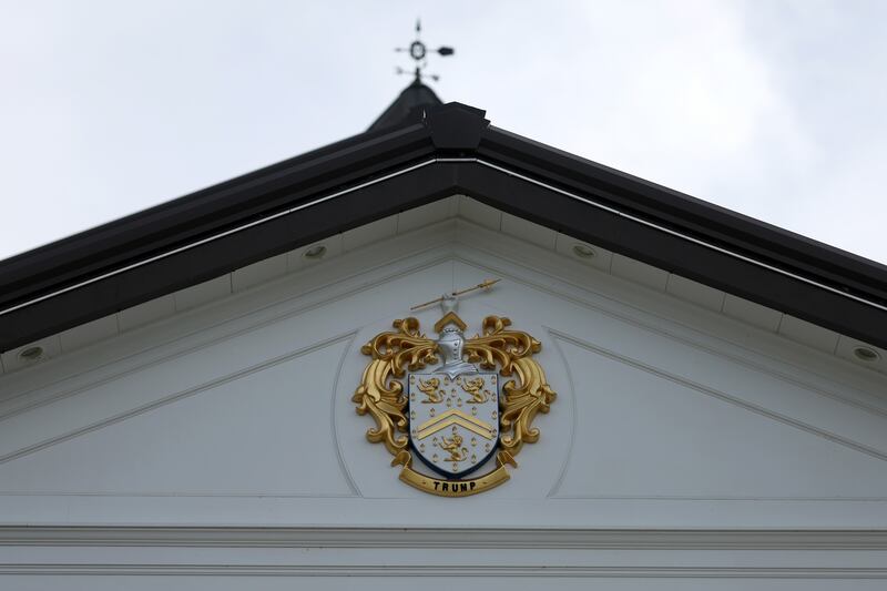STERLING, VIRGINIA - MAY 27: A detail of the logo above the indoor tennis center during day two of the LIV Golf Invitational - DC at Trump National Golf Club on May 27, 2023 in Sterling, Virginia. (Photo by Rob Carr/Getty Images)