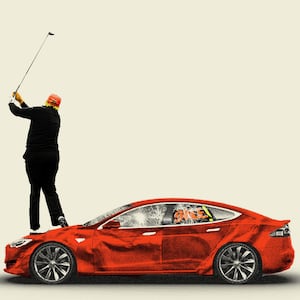 Donald Trump golfing standing on top of a damaged red tesla model s car