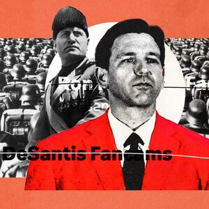 A photo illustration of Ron DeSantis layered with imagery mentioned in the @desantiscamTwitter account including Benito Mussolini and nazi soldiers.