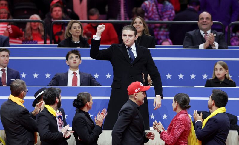 Barron Trump gestures during a rally on the inauguration day of President Donald Trump's second term on January 20, 2025.