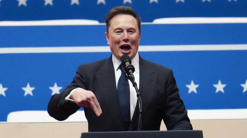 WASHINGTON, DC - JANUARY 20: Tesla, SpaceX and X CEO Elon Musk speaks during an inauguration event at Capital One Arena on January 20, 2025 in Washington, DC. Donald Trump takes office for his second term as the 47th president of the United States. (Photo by Christopher Furlong/Getty Images)