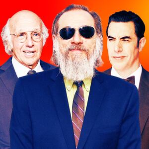 A photo illustration of Larry David, Larry Charles, and Sacha Baron Cohen.