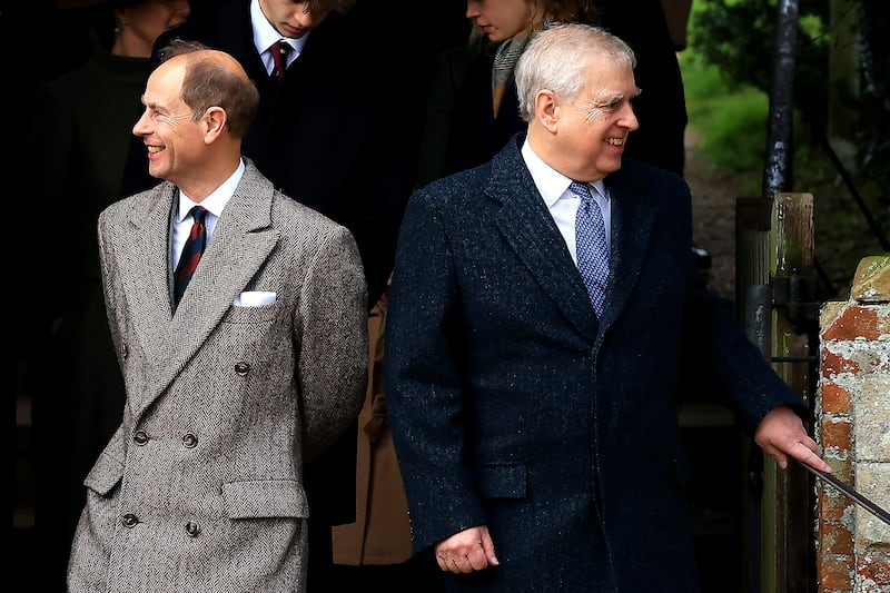 SANDRINGHAM, NORFOLK - DECEMBER 25: Prince Andrew, Duke of York and Prince Edward, Duke of Edinburgh leave the Christmas Morning Service at Sandringham Church on December 25, 2023 in Sandringham, Norfolk. (Photo by Stephen Pond/Getty Images)