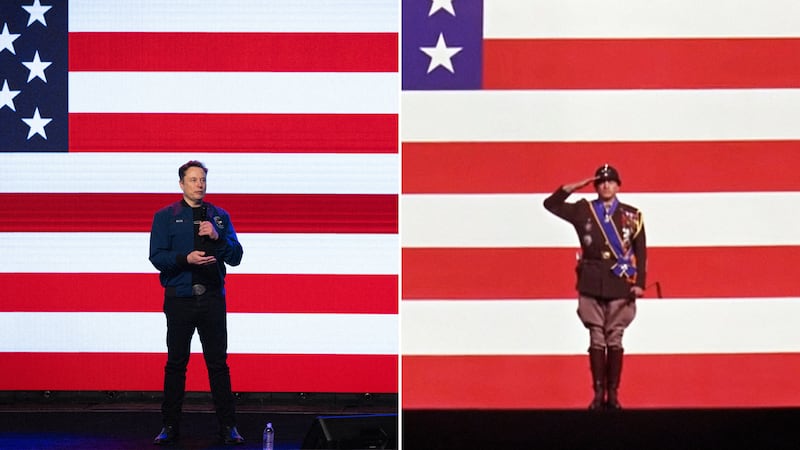 (Left) Elon Musk speaking during a town hall meeting at the KI Convention Center on March 30, 2025 in Green Bay, Wisconsin. (Right) George C. Scott as General George S. Patton during the 1970 film "Patton."