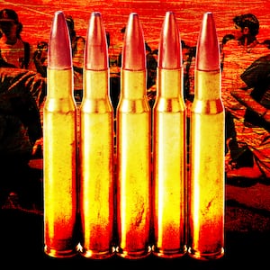 A photo illustration of bullets overlaid a scene during the shooting of Charlie Kirk.
