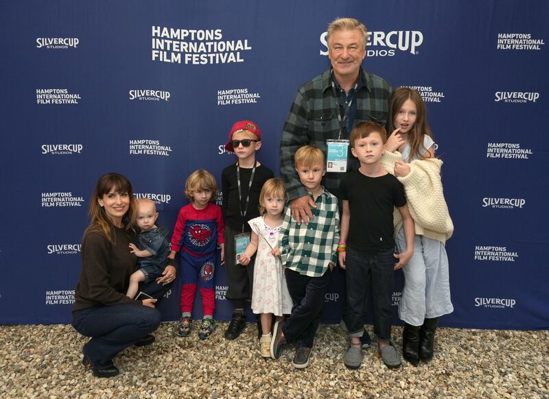 EAST HAMPTON, NEW YORK - OCTOBER 7: Actor Alec Baldwin and his wife Hilaria Baldwin and their children (L-R) Ilaria Baldwin, Eduardo Baldwin, Leonardo Baldwin, Maria Lucia Baldwin, Romeo Baldwin, Rafael Baldwin and Carmen Baldwin attend the Chairman's Reception at the 2023 Hamptons International Film Festival on October 07, 2023 in East Hampton, New York. (Photo by Sonia Moskowitz/Getty Images)7
