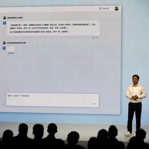 Baidu’s co-founder and CEO Robin Li showcases artificial intelligence-powered chatbot known as Ernie Bot by Baidu during a news conference at the company’s headquarters in Beijing, China, March 16, 2023. 