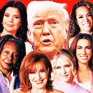 A photo illustration of Donald Trump, Whoopi, Joy Behar, Sunny Hostin, Ana Navarro, Alyssa Farah Griffin, and Sara Haines.