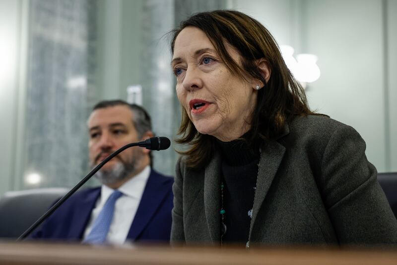 Committee Chairwoman Maria Cantwell (D-WA)  speaks during a nomination hearing with the Senate Commerce, Science and Transportation Committee on Capitol Hill on March 01, 2023 in Washington, DC.