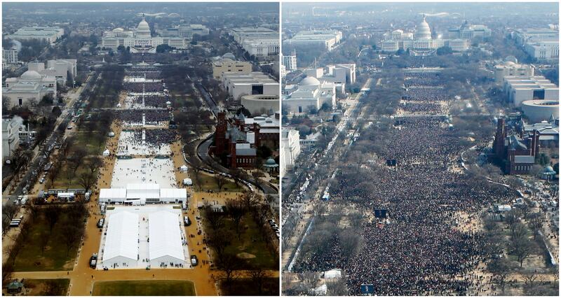Aerial photos of the National Mall shows the crowds attending the inauguration ceremonies to swear in President Donald Trump in 2017, on the left, and President Barack Obama in 2009, on the right.