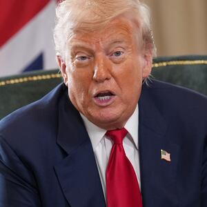 President Donald Trump reacts as he meets British Prime Minister Keir Starmer (not pictures)  for bilateral talks at Trump Turnberry golf club on July 28, 2025 in Turnberry, Scotland.