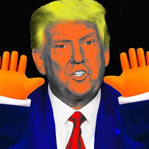 A photo illustration of Donald Trump holding up tiny hands.