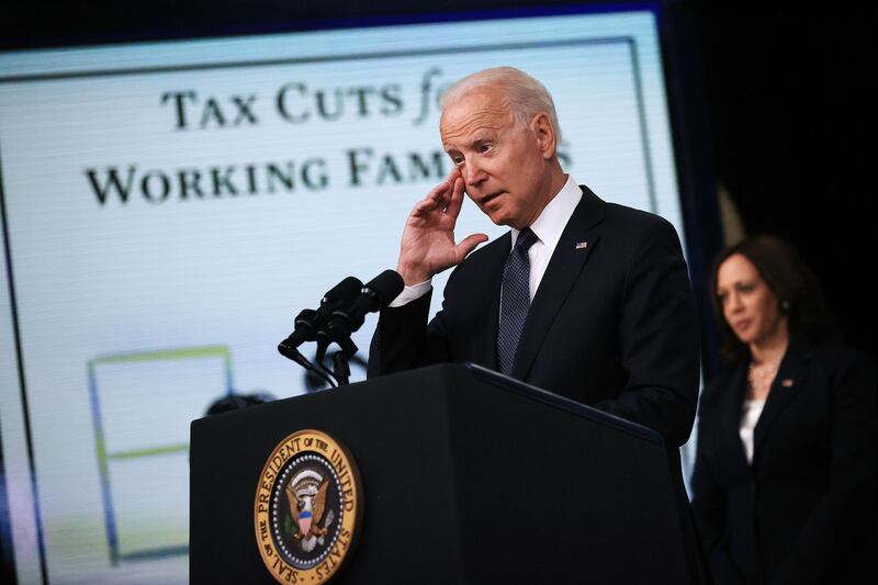 A photograph of U.S. President Joe Biden delivers remarks on the Child Tax Credit relief payments on July 15, 2021 in Washington, DC.