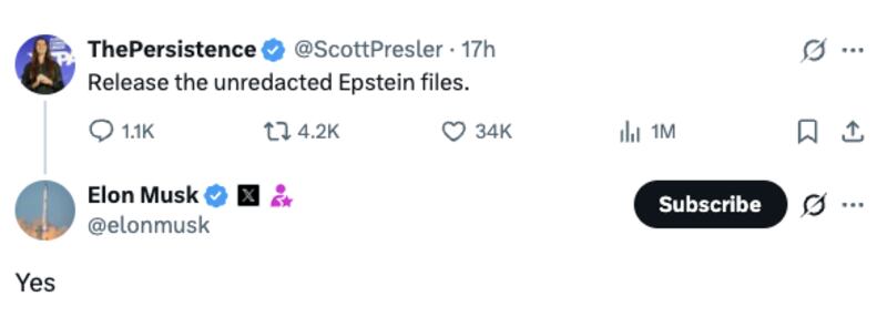 Elon Musk endorsed a call for the “unredacted Epstein files” to be released as Trump’s megabill—which Musk opposes—heads toward a final vote in the House.