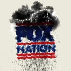 Photo illustration of Fox Nation logo with dark rain cloud overhead.