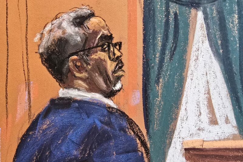 Sean "Diddy" Combs stands wearing glasses as jury selection got underway at the start of his sex trafficking trial in New York City, New York, U.S., May 5, 2025 in this courtroom sketch.