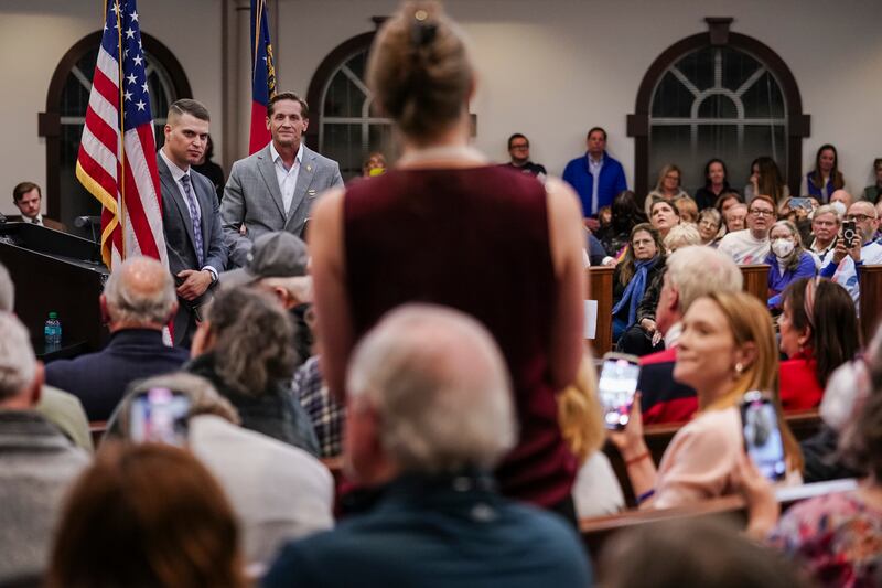 GOP Rep. Rich McCormick listens to a question from an attendee during a town hall meeting on February 20, 2025 in Roswell, Georgia.