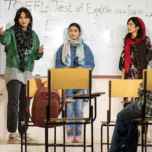 From left, Pooya Mohseni(Roya),Tala Ashe (Elham),Ava Lalezarzadeh (Goli), Marjan Neshat (Marjan), Hadi Tabbal (Omid) InRoundabout Theatre Company’s Broadway-premiere production of English