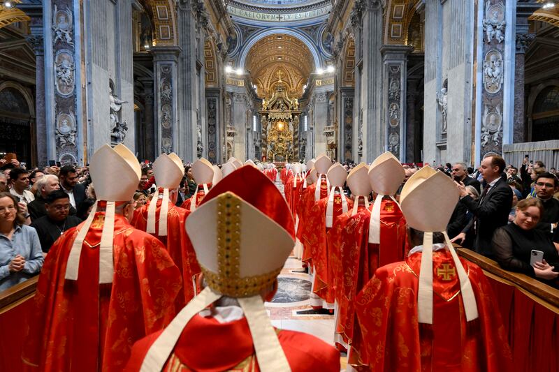 Cardinals attend mass before the start of the conclave at St. Peter's Basilica on May 7.