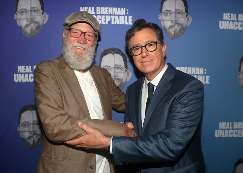 David Letterman passed the "Late Show" baton to Stephen Colbert in 2015.