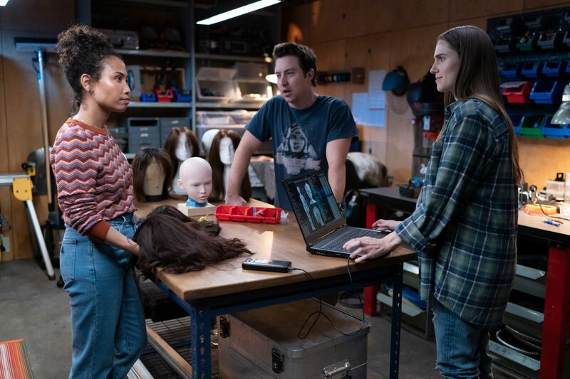 Jen Van Epps, Brian Jordan Alvarez, and Allison Williams in M3GAN