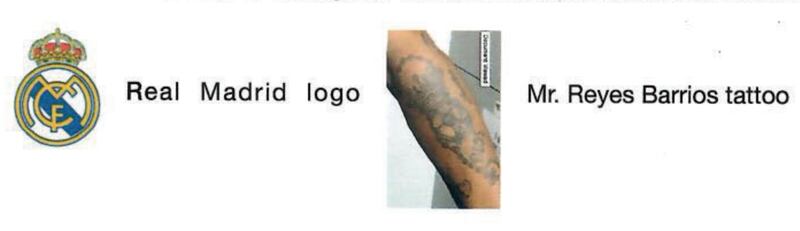 The club crest for Real Madrid and the tattoo of Jerce Reyes Barrios.