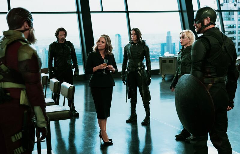 From left, David Harbour Sebastian Stan, Julia Louis-Dreyfus, Hannah John-Kamen, Florence Pugh, Wyatt Russell, appear in 'Thunderbolts'