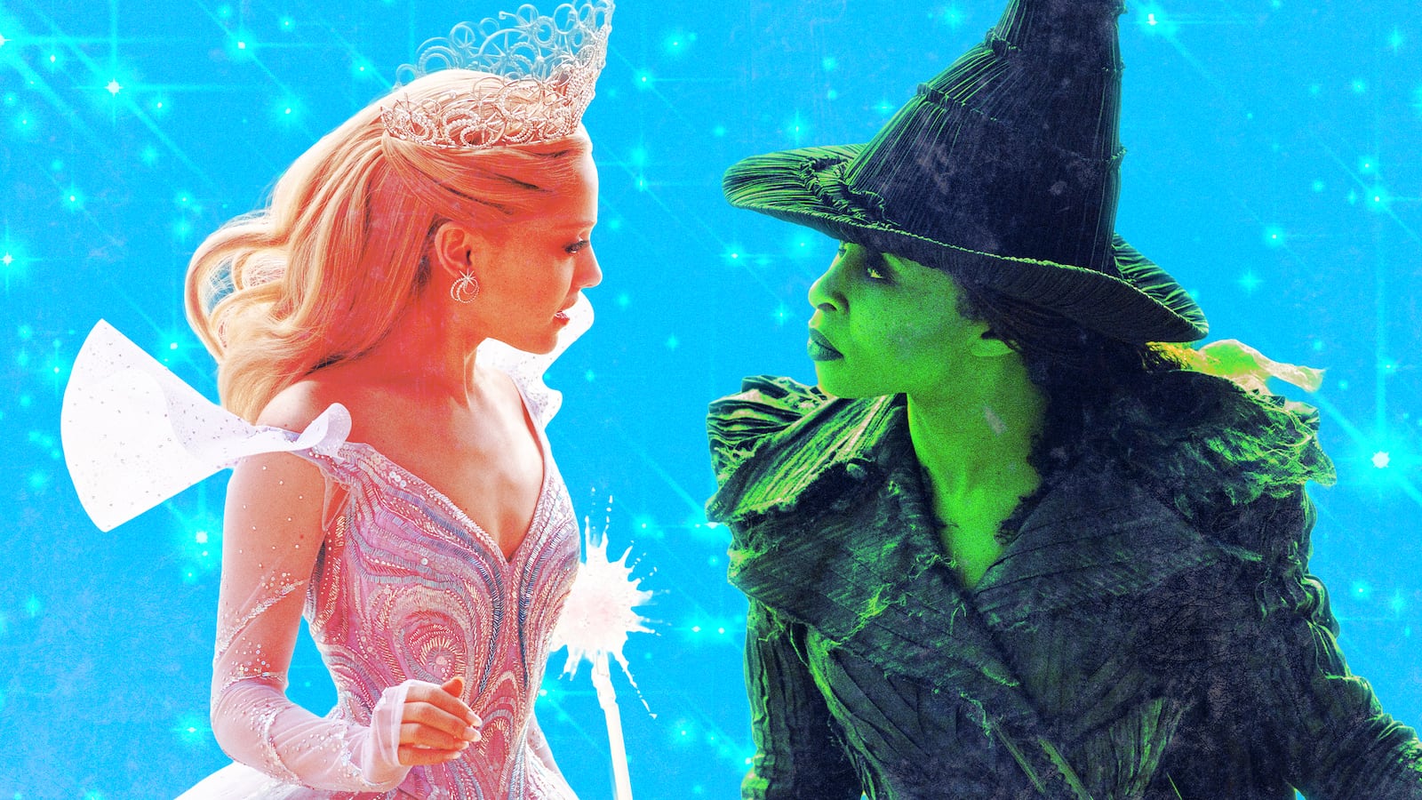 A photo illustration of Ariana Grande and Cynthia Erivo in Wicked For Good.