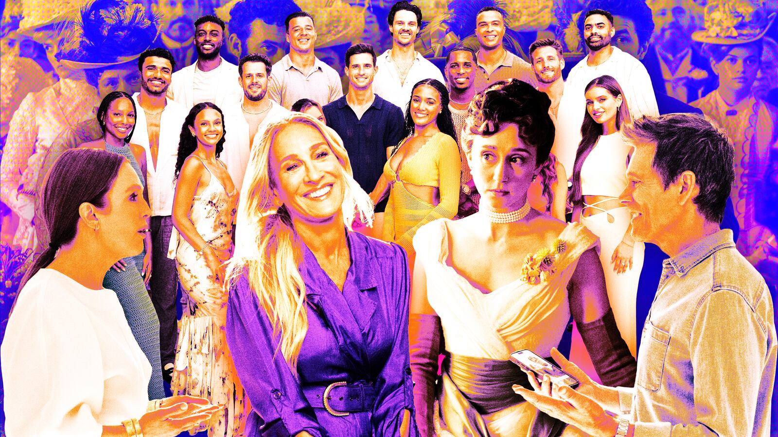 A photo illustration of actors and contestants from And Just Like That, Sirens, Bachelor in Paradise and The Gilded Age.
