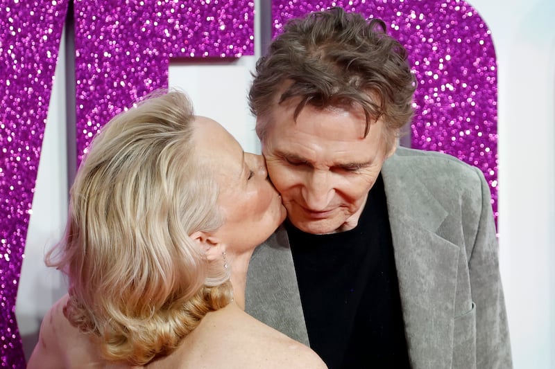 LONDON, ENGLAND - JULY 22: Pamela Anderson and Liam Neeson attend "The Naked Gun" UK Premiere at Cineworld Leicester Square on July 22, 2025 in London, England. (Photo by John Phillips/Getty Images)