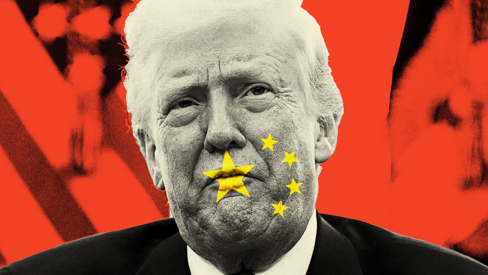 Donald Trump with a red background and the yellow Chinese flag stars over his mouth