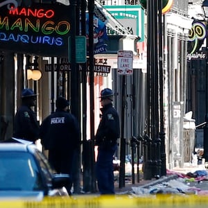 Debris is left along Bourbon Street after a pickup truck was driven into a large crowd in the French Quarter of New Orleans, Louisiana.