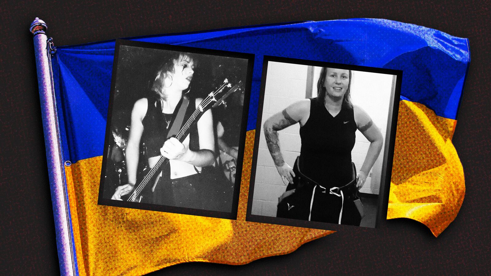 A photo illustration of Hole bassist Lisa Roberts and the Ukrainian flag.
