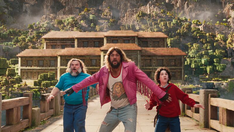 Jack Black, Jason Momoa, and Sebastian Hansen in "A Minecraft Movie."