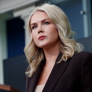 White House Press Secretary Karoline Leavitt (R) speaks during a press briefing in the Brady Press Briefing Room of the White House on October 06, 2025 in Washington, DC.