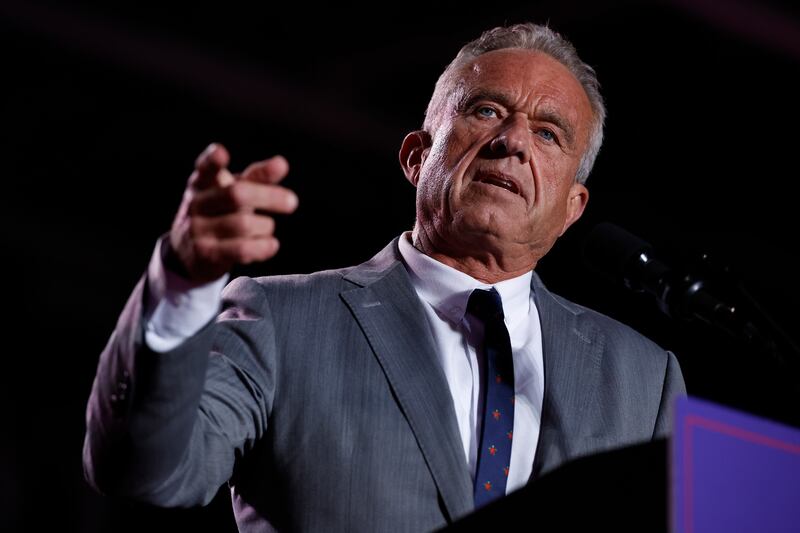 Robert F. Kennedy Jr. speaks during a campaign rally for Republican presidential nominee, Donald Trump at Macomb Community College on November 01, 2024 in Warren, Michigan.
