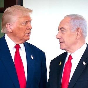 President Donald Trump greets Israeli Prime Minister Benjamin Netanyahu as he arrives at the White House on April 07, 2025 in Washington, D.C.